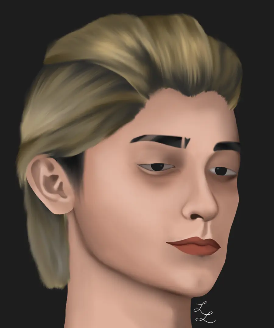 Painted portrait of a man with swept blond hair