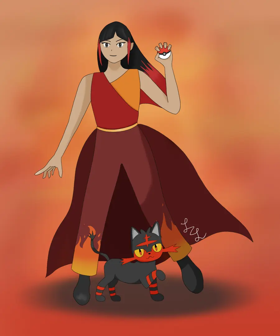 Pokémon trainer in a red flowing outfit holding a Poké Ball, with Litten