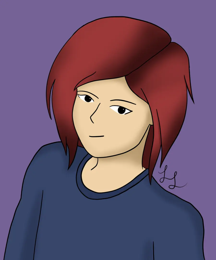 Portrait of a person with red hair in a blue sweater on a purple background