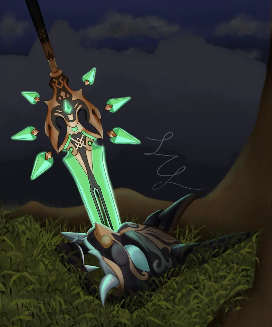 Xiao's green polearm plunged into grass beneath a stormy sky