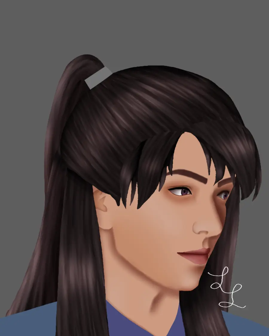 Painted portrait of Caleb with long dark hair in a ponytail