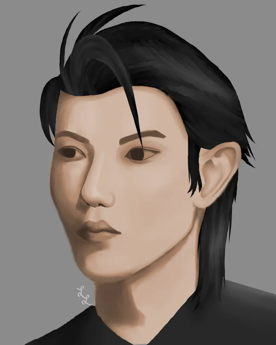 Painted portrait of Felix with black hair, three-quarter view