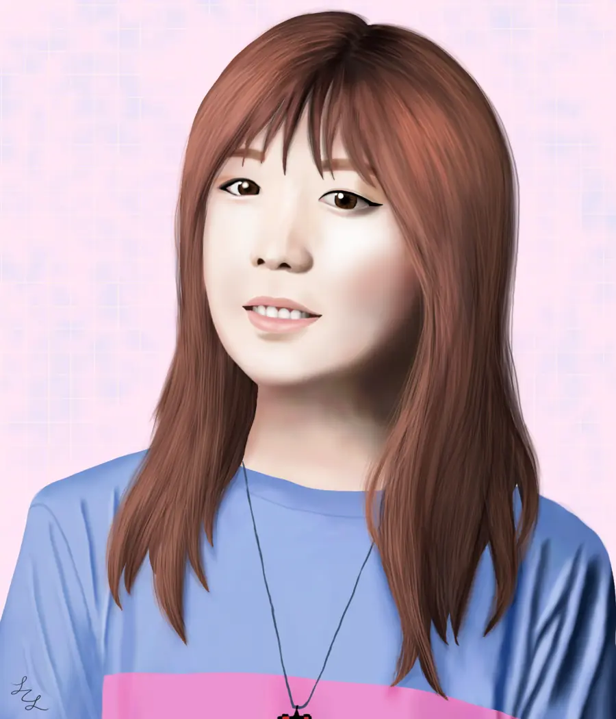 Portrait of LilyPichu with long auburn hair on a pink background