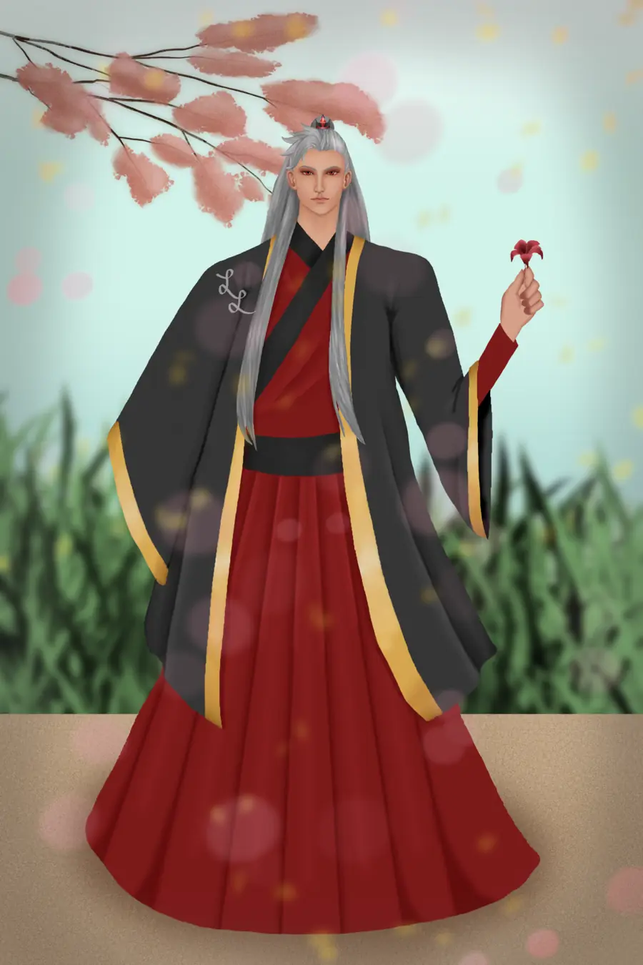 Sylus in a black and red hanfu holding a flower under cherry blossoms
