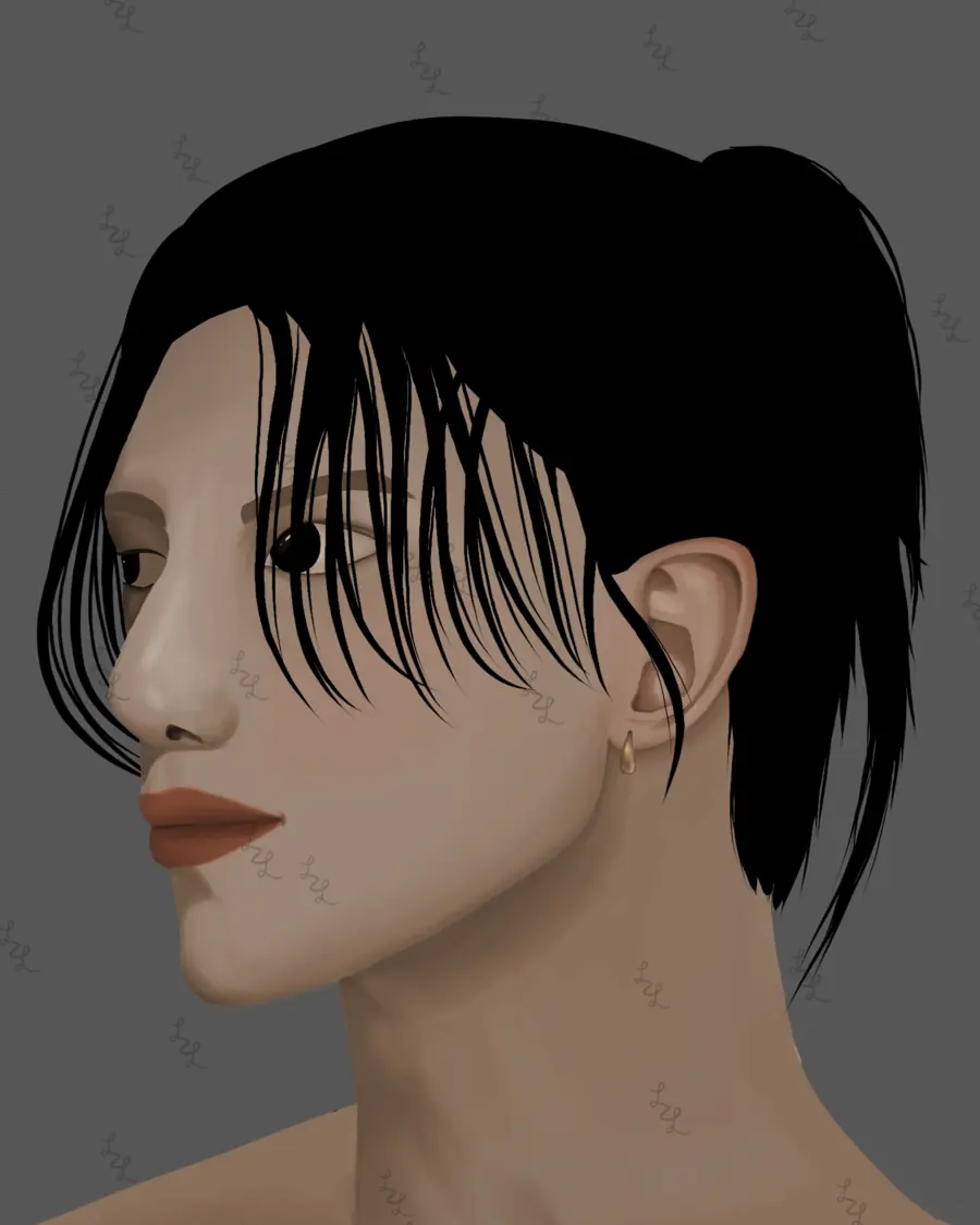 Painted portrait of Yeosang with long dark hair, in profile