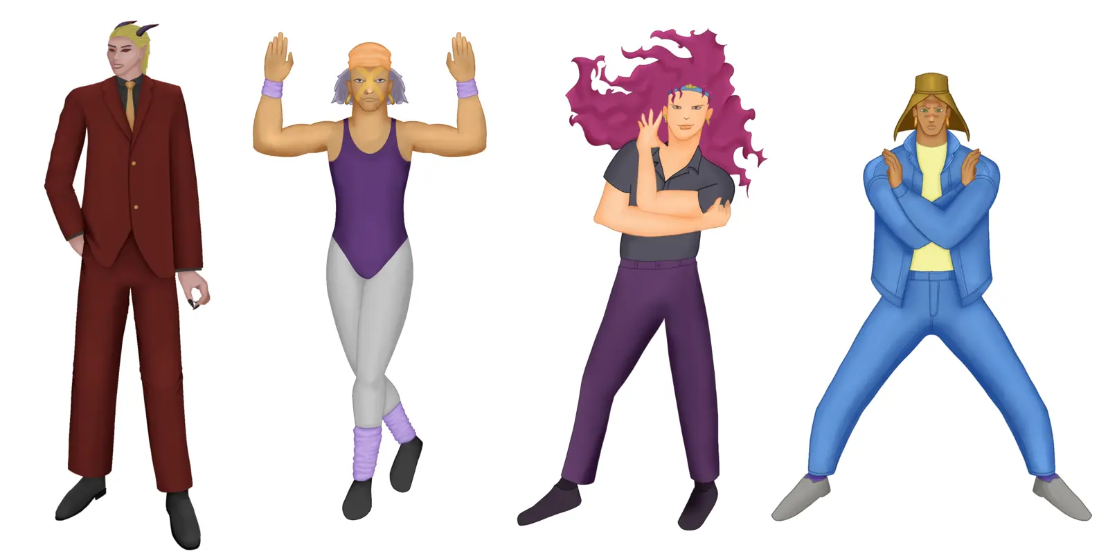 Four NPC designs: a man in a red suit, a woman in a leotard, a woman with wild pink hair and a man in a blue tracksuit