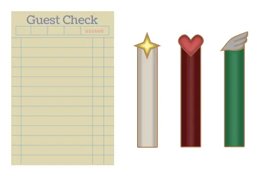 UI pieces: a diner guest check and three meters topped with a star, a heart and a wing