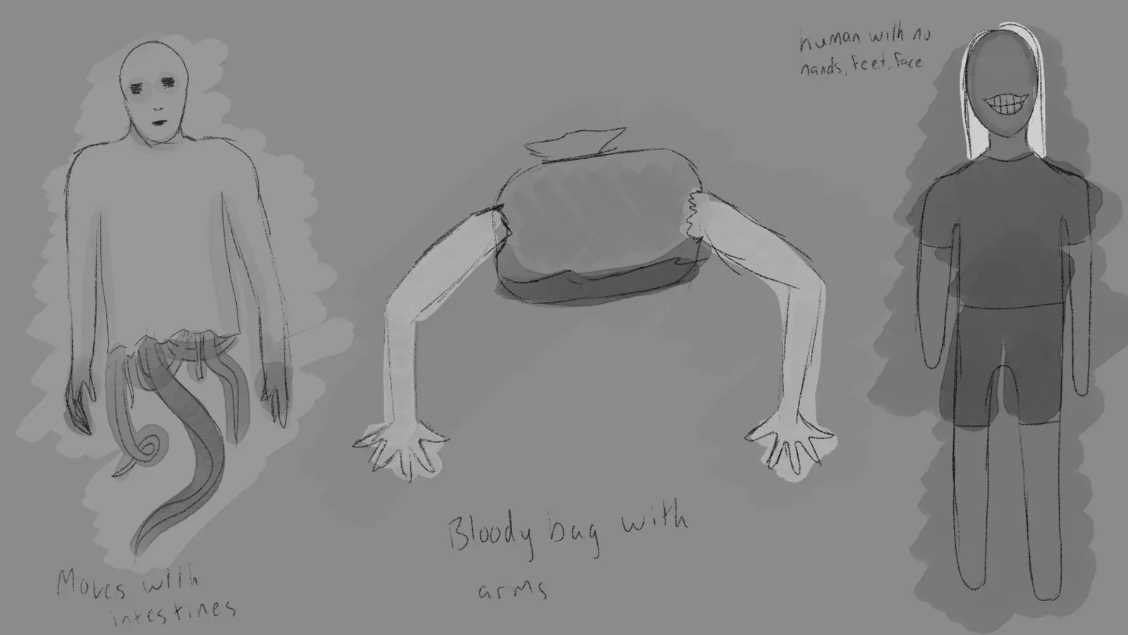 Annotated enemy concept sketches: a figure with tentacles, a bloody bag with arms, and a humanoid with a stitched face
