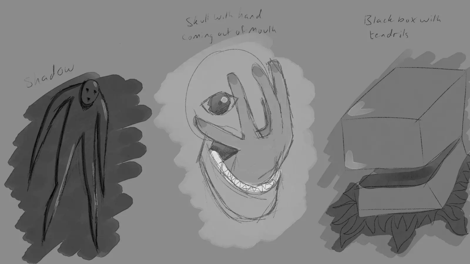 Annotated enemy concept sketches: a shadow figure, a skull with a hand coming out of its mouth, and a block on tendrils