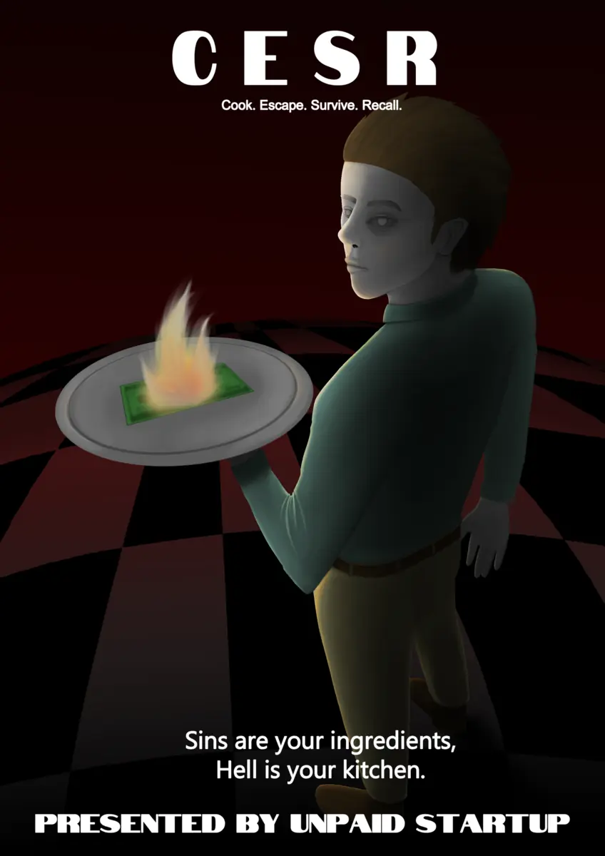 CESR poster: the waiter with a flaming plate under the CESR title and the tagline Sins are your ingredients, Hell is your kitchen