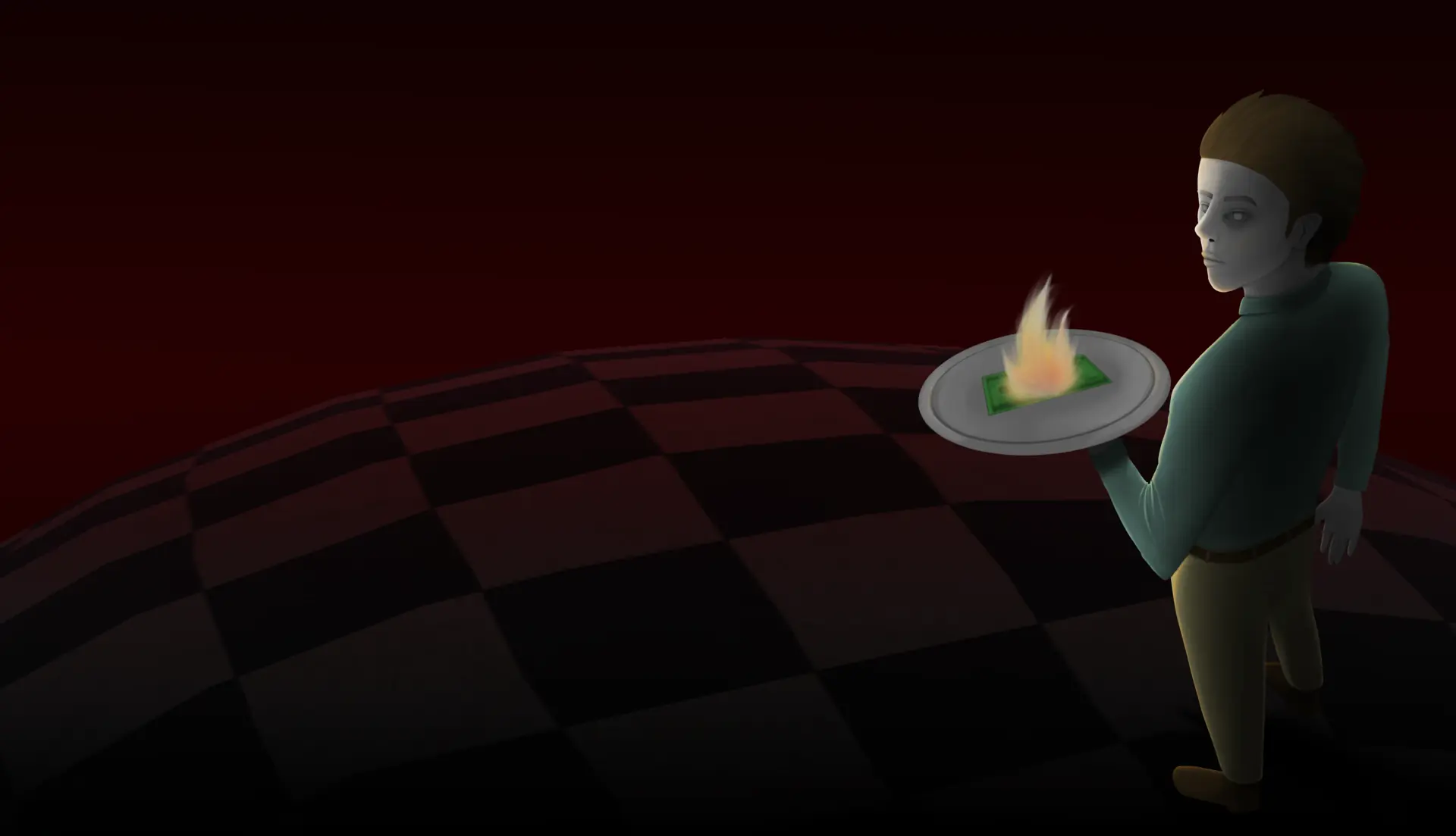 CESR key art: a waiter in a hellish checkered diner carrying a flaming plate