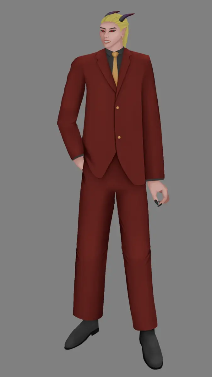 The Devil: a blond man in a red suit