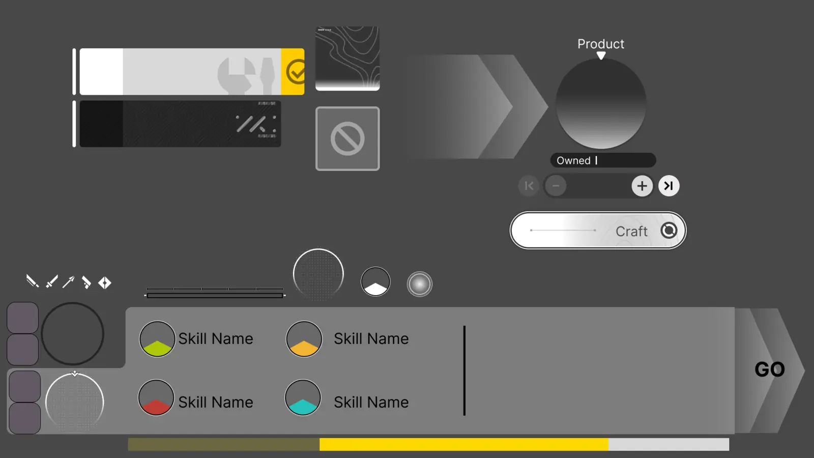 Battle and crafting interface pieces including skill buttons, progress bars and a GO button