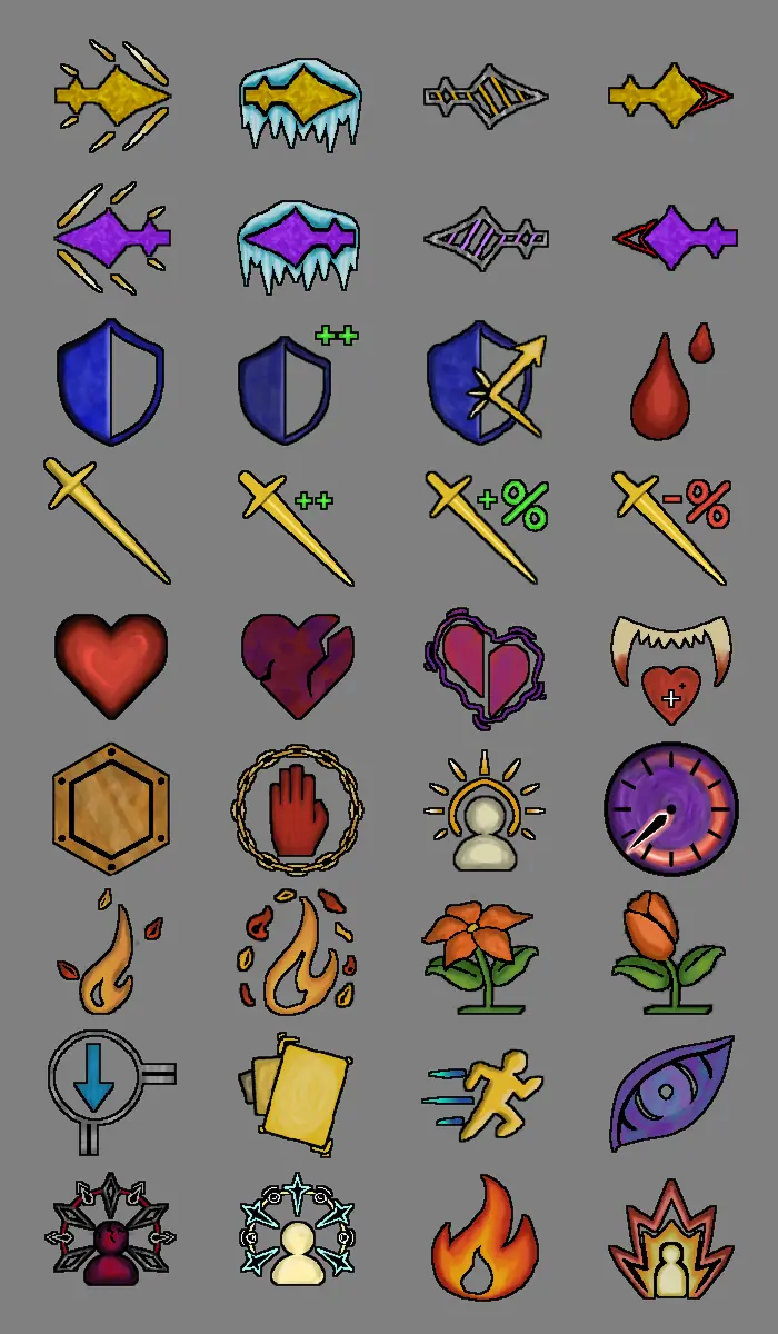 Combat effect icons: arrows, shields, swords with buffs, hearts, burn, bloom, speed and status effects