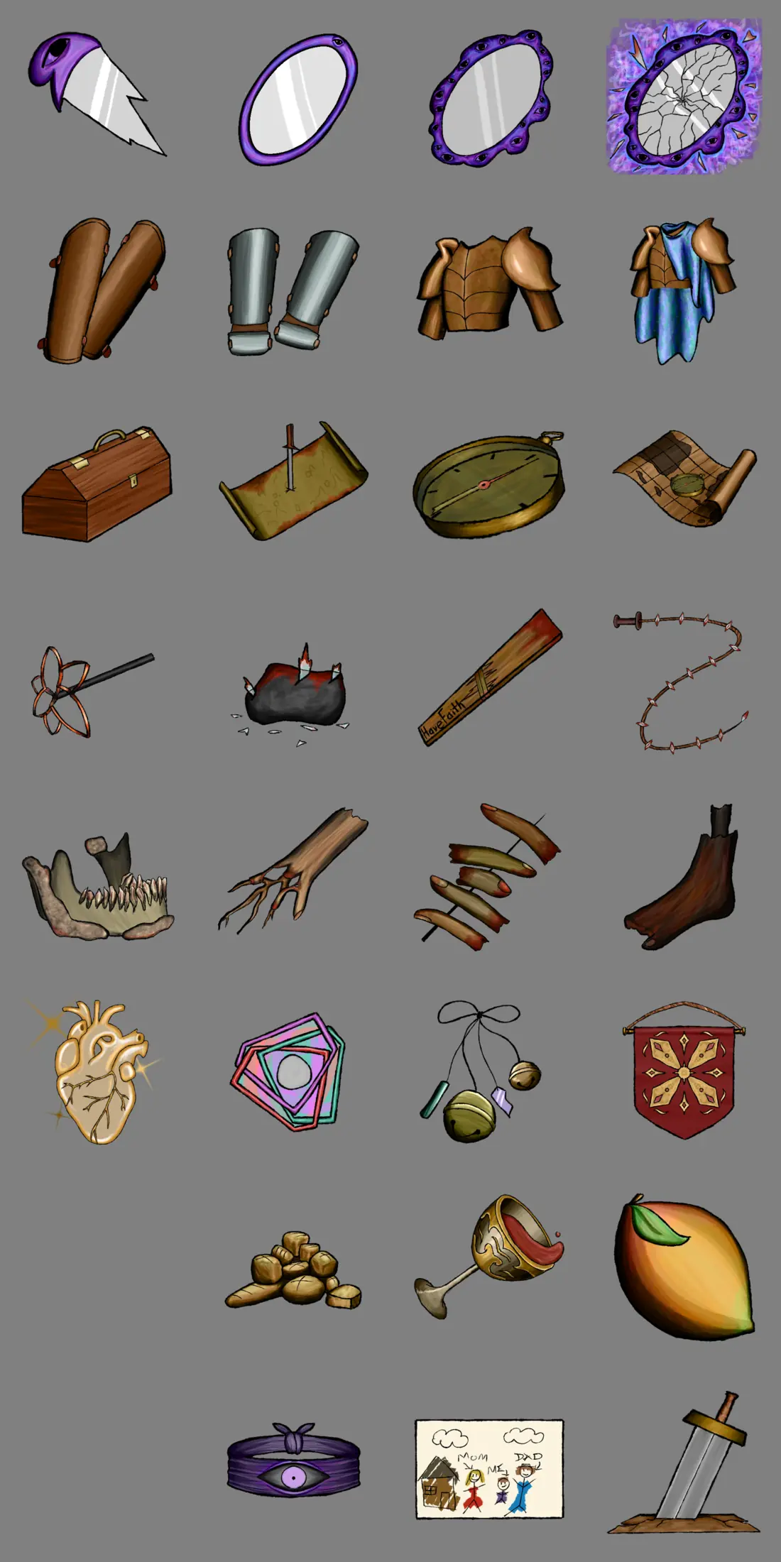 Four-tier equipment in the top two rows (mirror and armour), then single one-off items