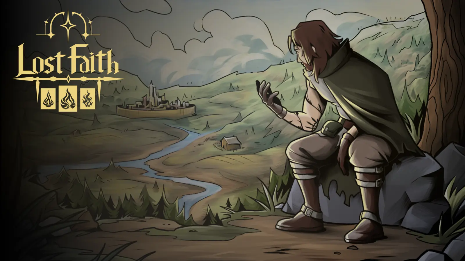 Lost Faith title screen: a cloaked wanderer on a rock overlooking a river valley, with the Lost Faith logo