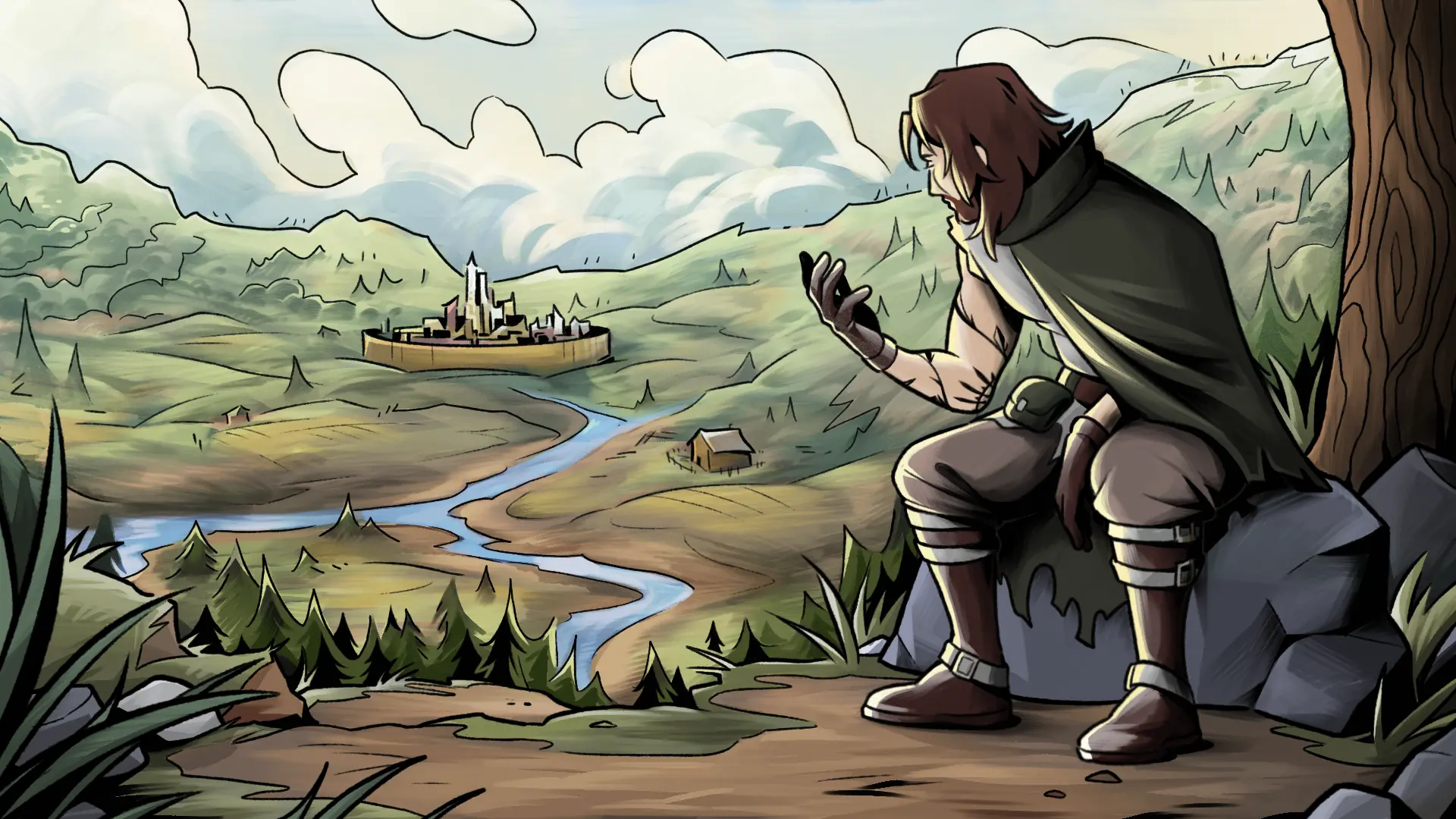Lost Faith title screen: a cloaked wanderer sits on a rock overlooking a river valley and distant town