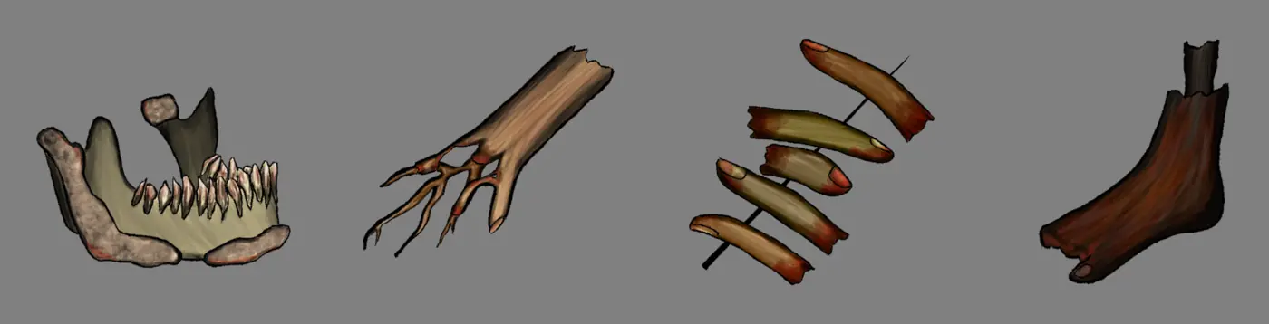 Single items: a jawbone, a clawed branch, skewered fingers and a severed foot