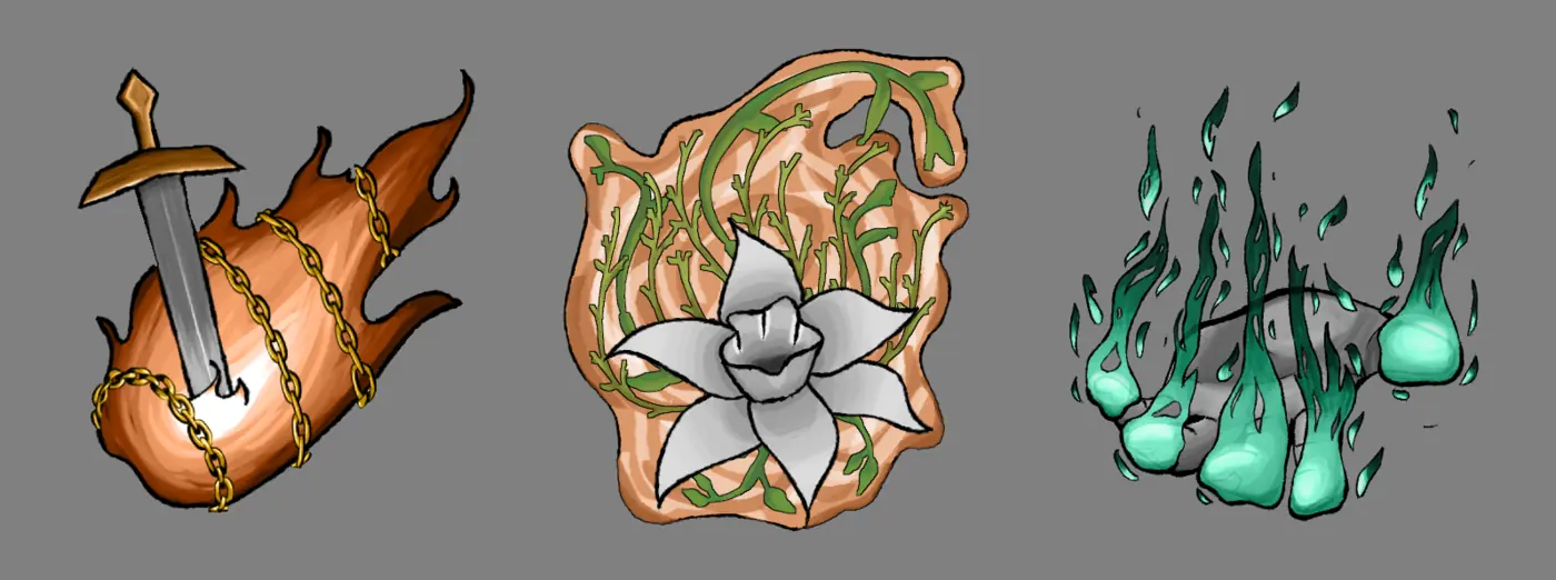 Large soul icons: a chained flaming sword, a white flower on vines, and green spirit flames