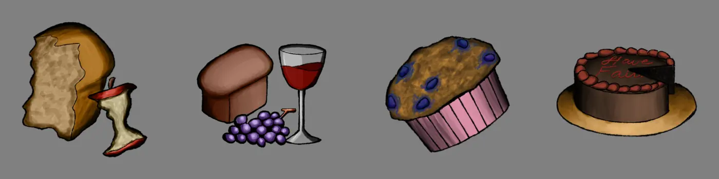 Two-tier food items: a bitten loaf and apple core upgrading to bread, grapes and wine; a muffin upgrading to a chocolate cake