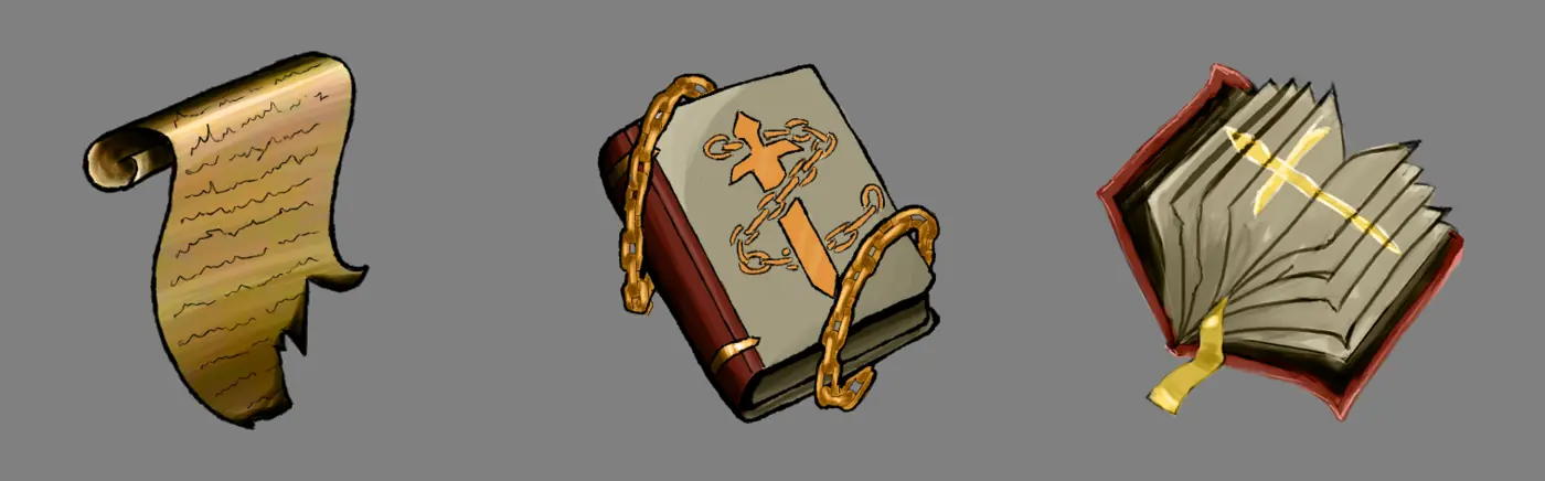 A scroll upgrading to a chained holy book and then a glowing open tome