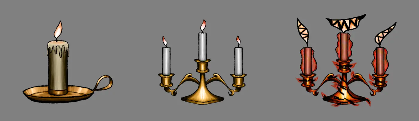 A single candle upgrading to a candelabra and then a fanged, burning candelabra