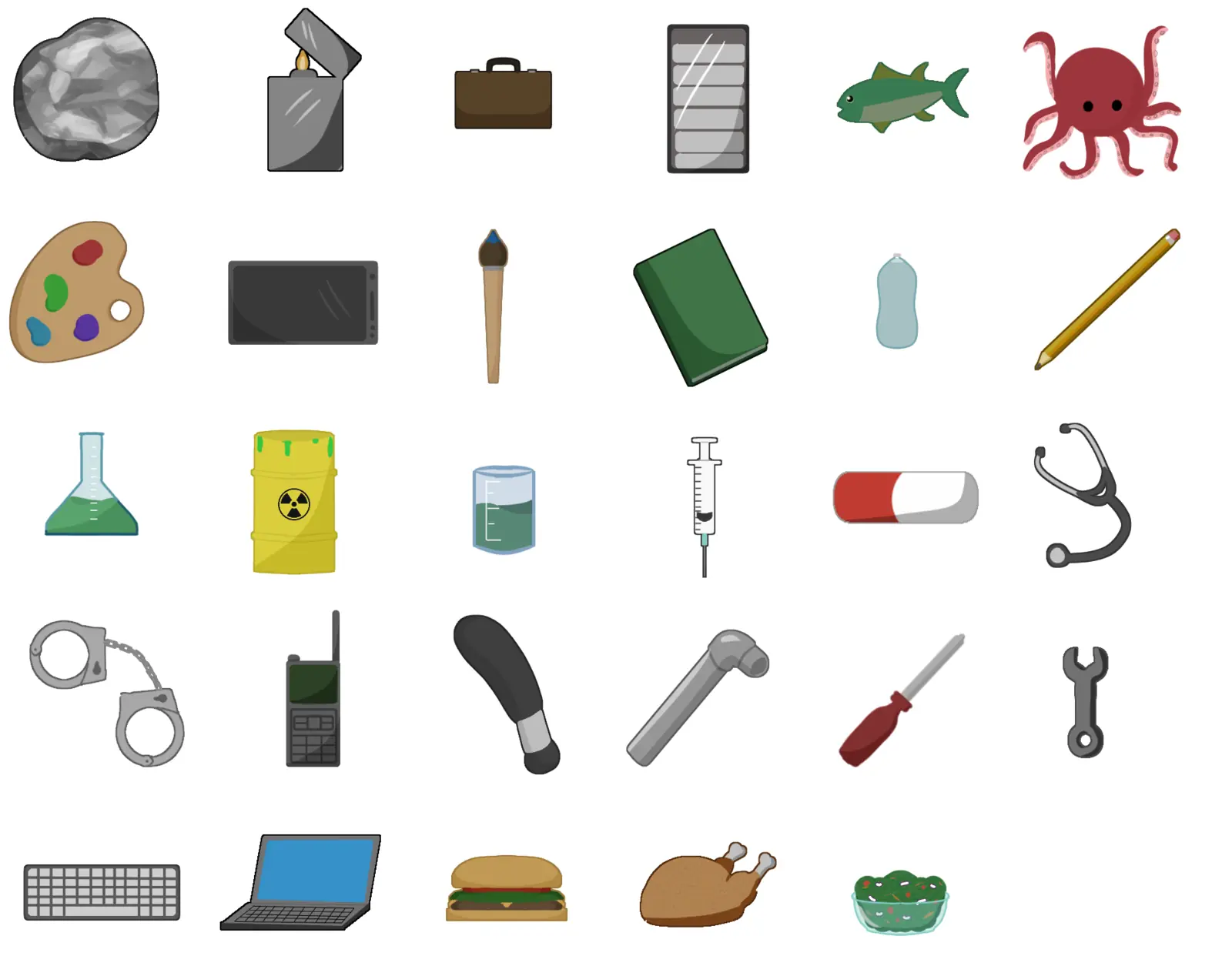 Grid of projectile props including a fish, octopus, briefcase, test tube, stethoscope, wrench and laptop
