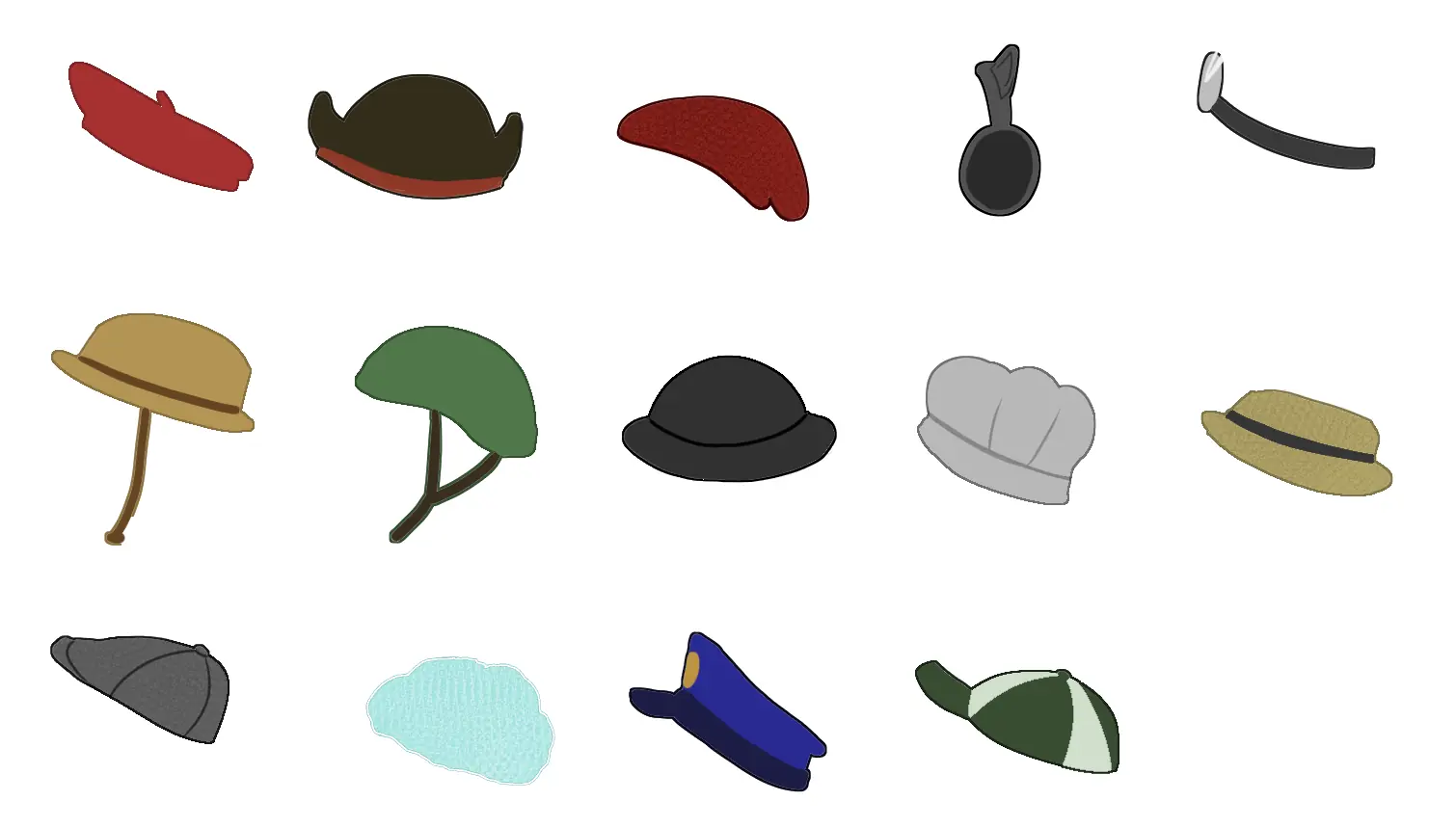 Grid of profession hats including a beret, pirate hat, helmet, chef hat and police cap