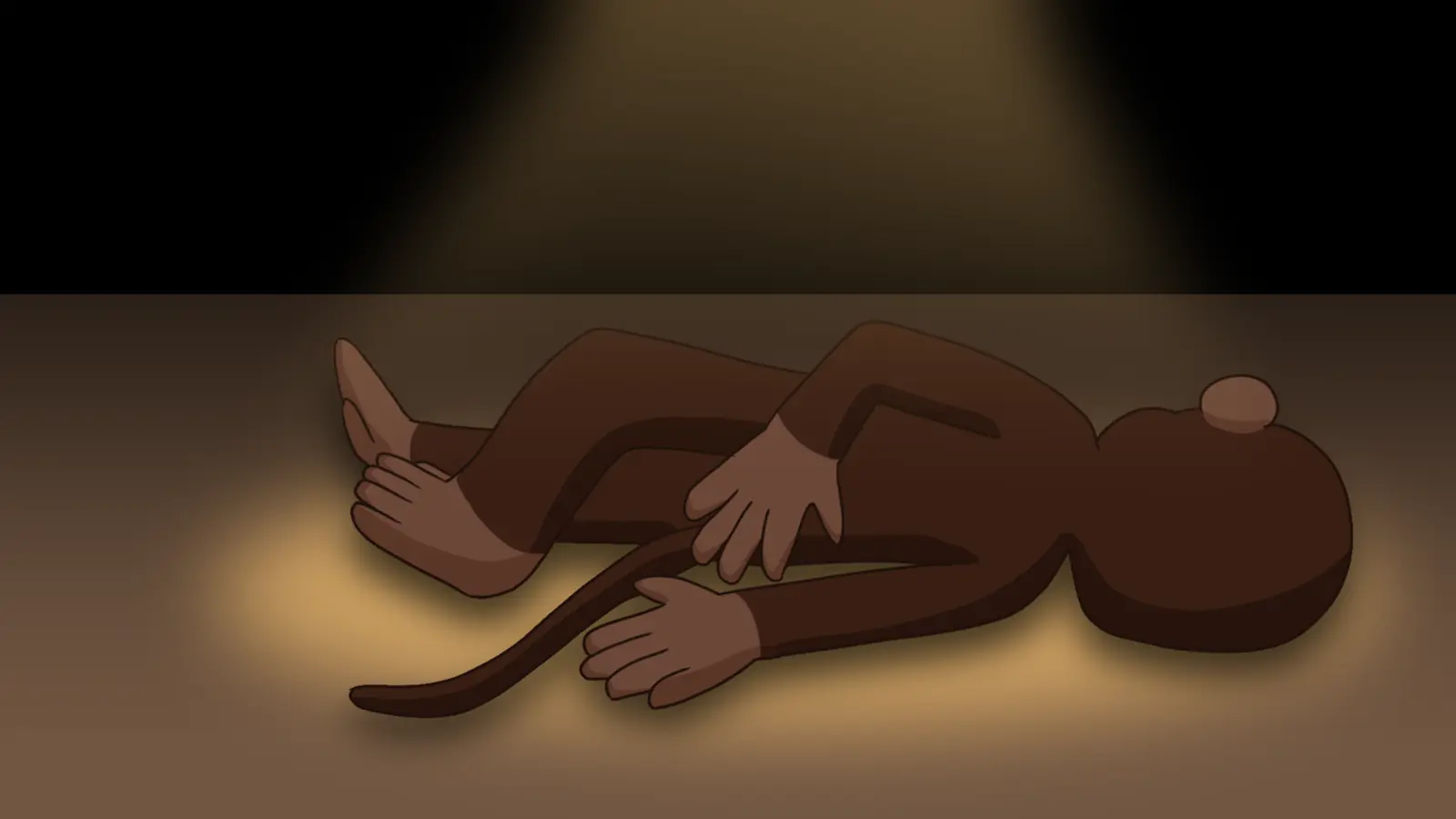 Fail end screen: a monkey lying on the floor under a spotlight