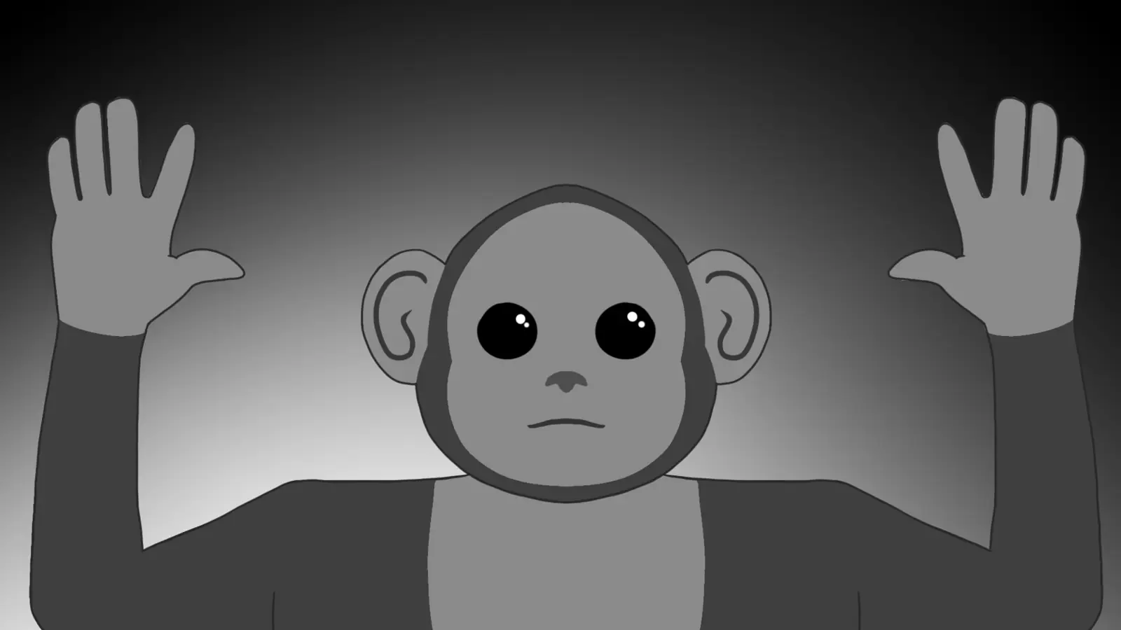 Win end screen: a greyscale monkey with hands raised