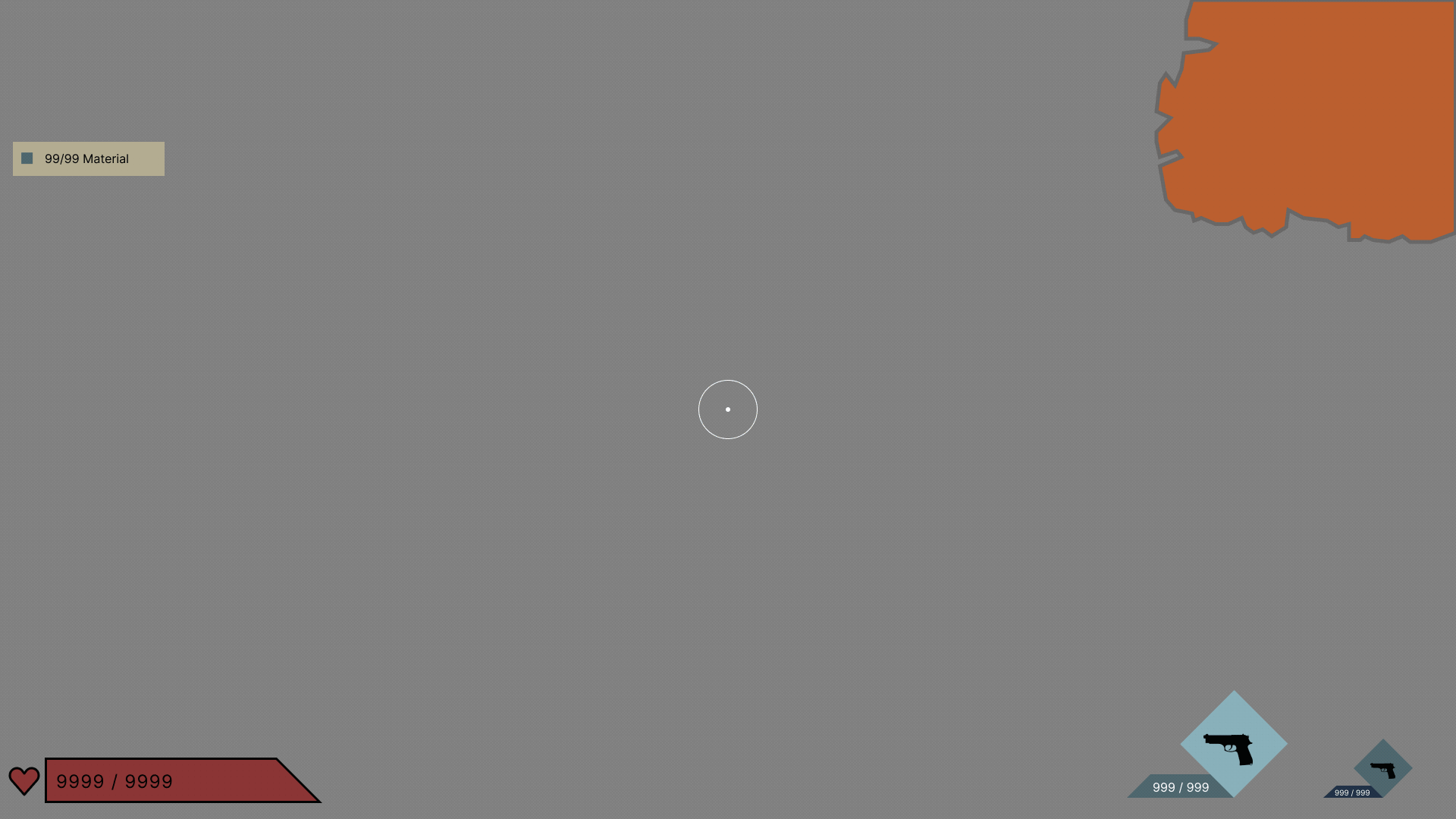 Final HUD in motion: HP bar bottom left, diamond weapon selector bottom right