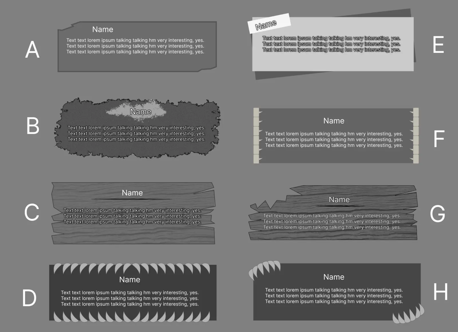Eight dialogue box style variations labelled A through H