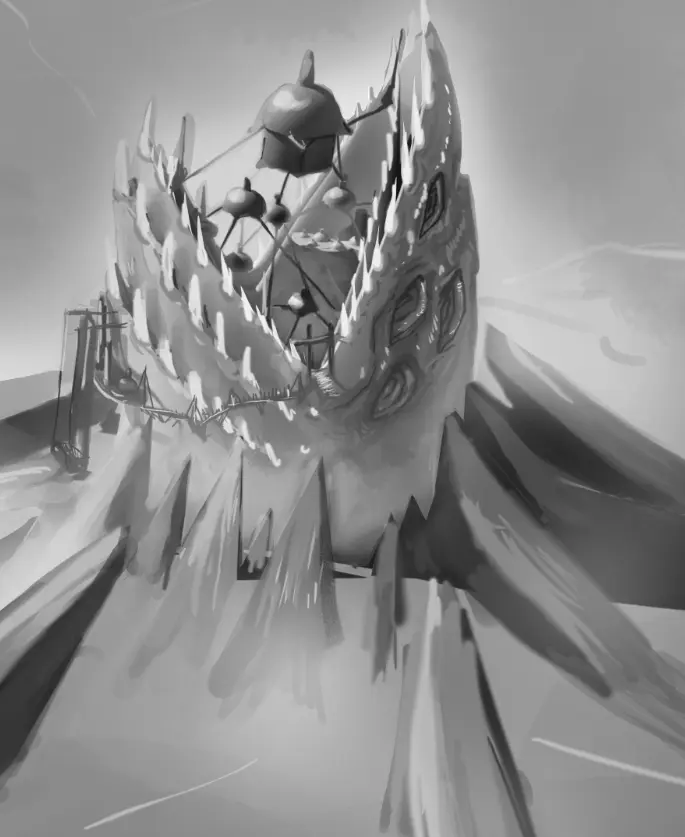The Maw final title screen: a towering, tooth-lined spire rising from jagged rock