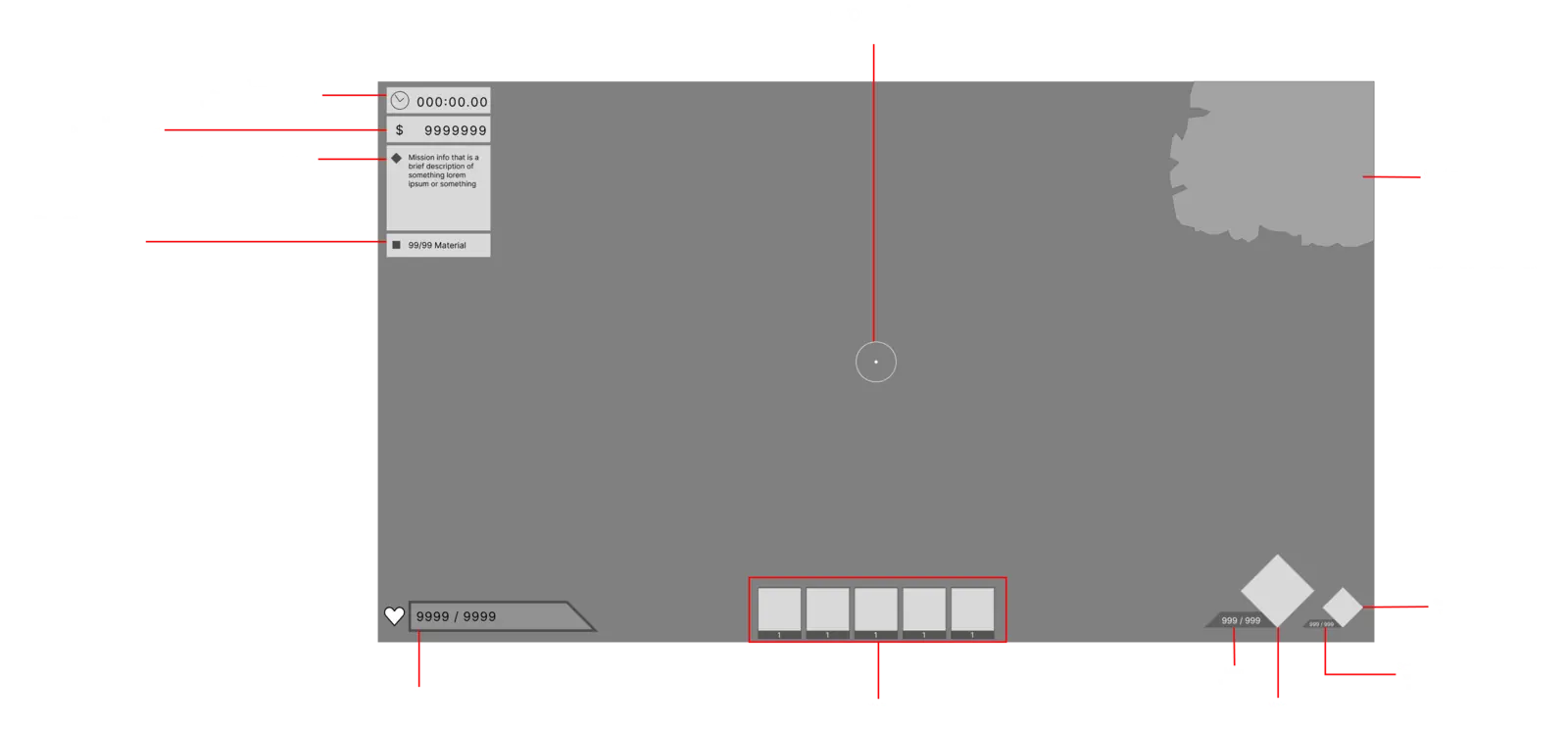 HUD 1, version 1 wireframe with annotations