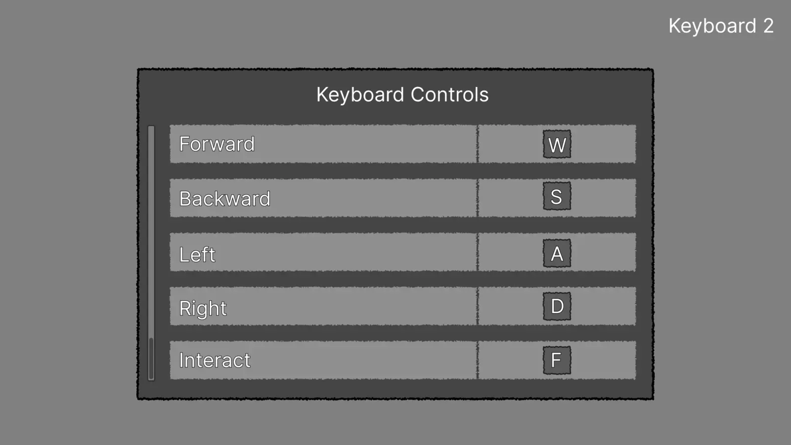 Keyboard controls screen, version 2