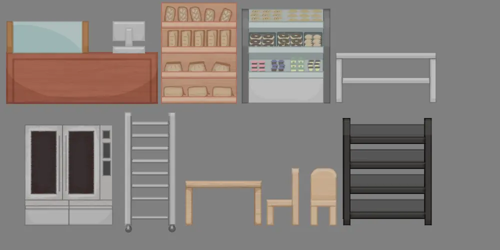 Bakery interior props: counter, bread shelves, display case, oven, ladder, tables and chairs