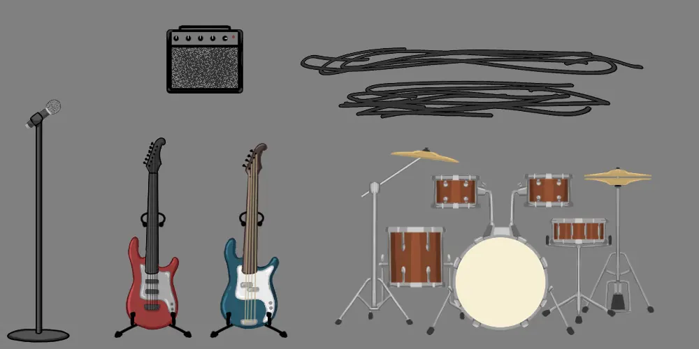 Festival band props: microphone stand, amp, electric guitar, bass, drum kit and cables