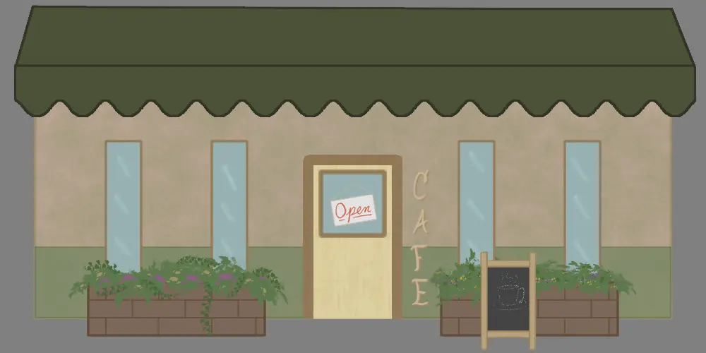 Cafe storefront with a green scalloped awning, planters and an Open sign