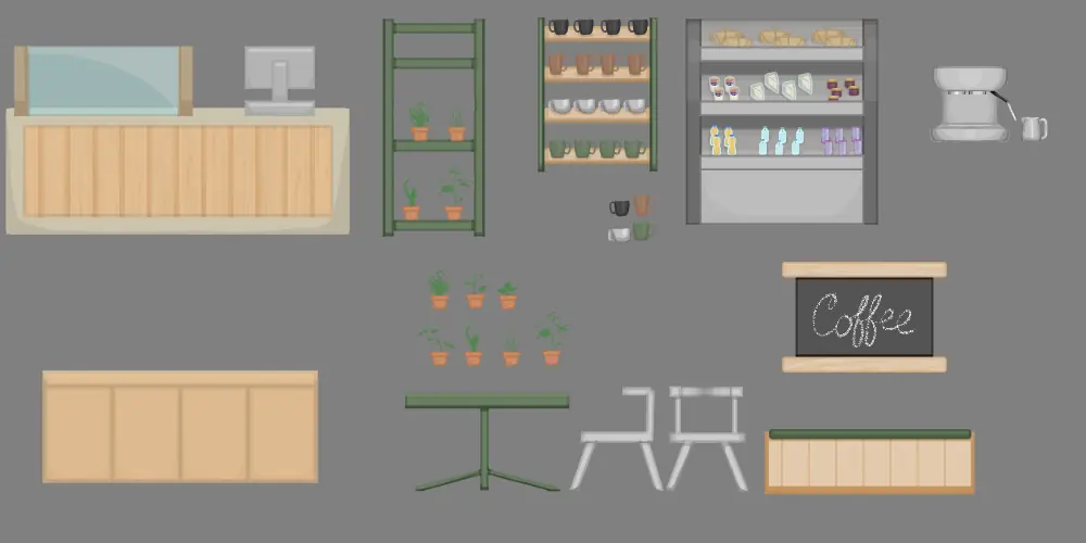 Cafe interior props: counter, plant shelves, pastry case, espresso machine, Coffee sign, tables and chairs