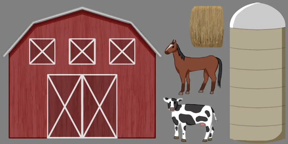 Farm props: a red barn, a horse, a cow, a hay bale and a grain silo
