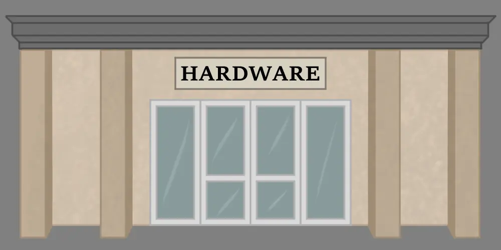 Hardware store with stone pillars and glass doors