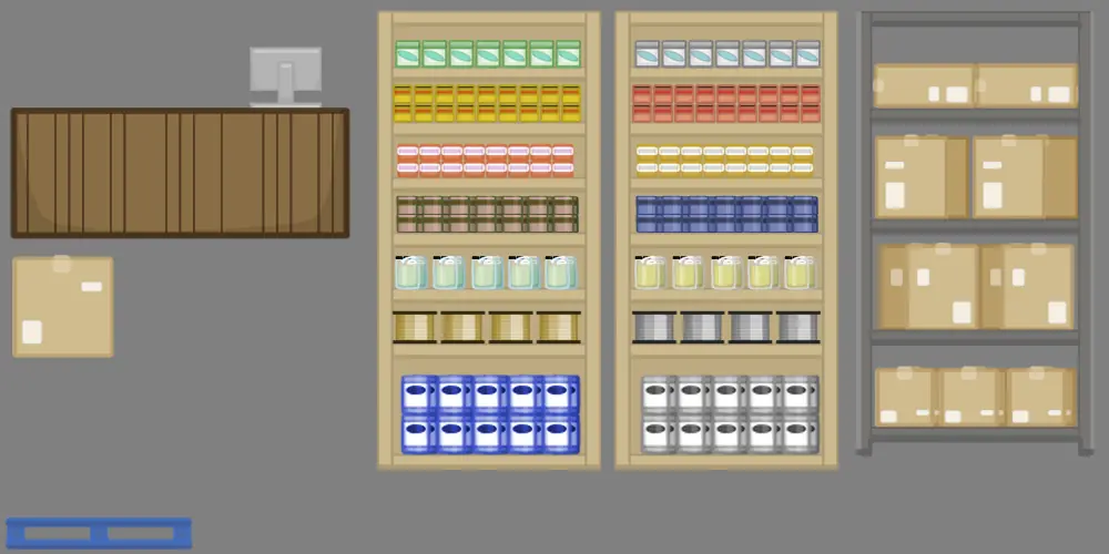 Hardware store interior props: counter, register, stocked shelves and boxes