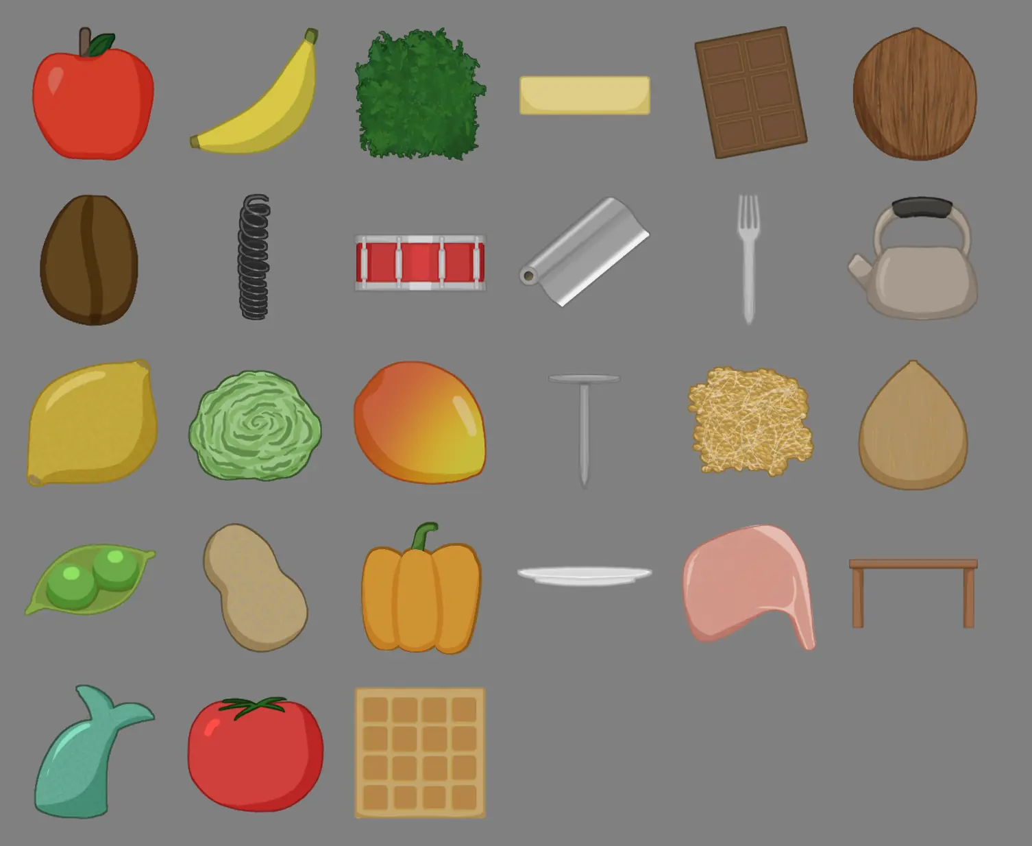 Grid of item icons including an apple, banana, coffee bean, kettle, lemon, lettuce, mango, peas, peanut, pumpkin, tomato, waffle and fish tail