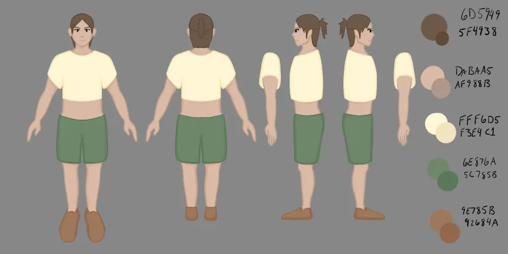 Player character turnaround from front, back and both sides, with colour swatches