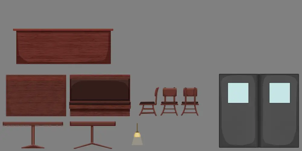 Restaurant interior props: booths, tables, chairs, a broom and swinging kitchen doors