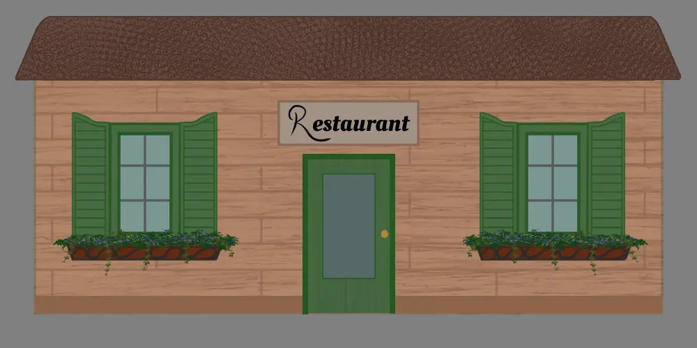 Brick restaurant with green shutters, window boxes and a hanging sign