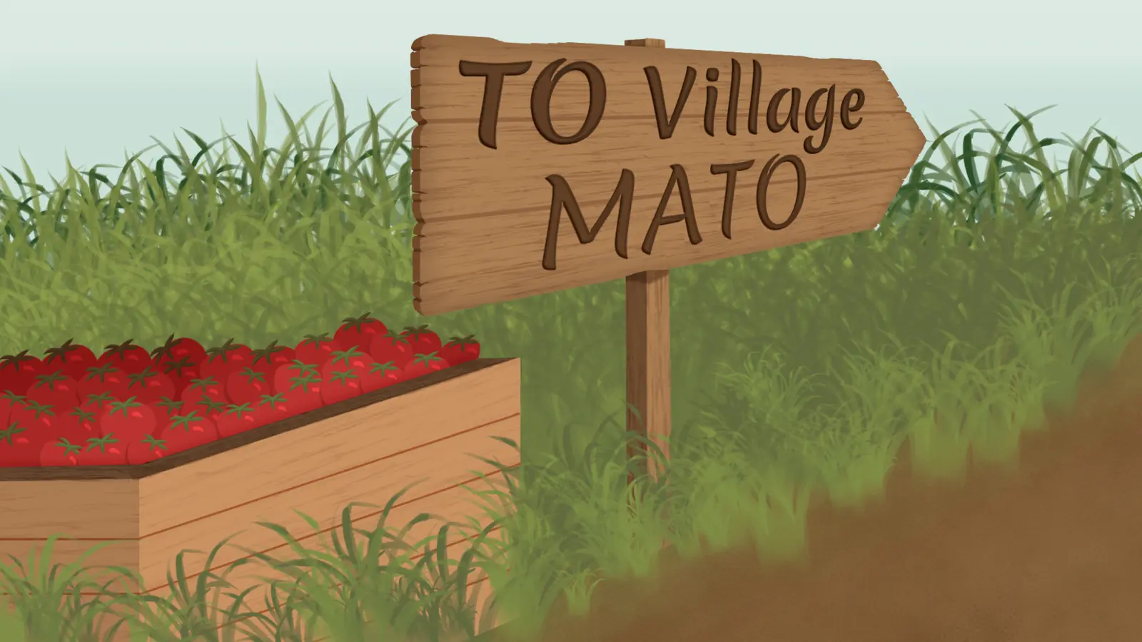 To Village Mato title screen: a wooden signpost beside a crate of tomatoes