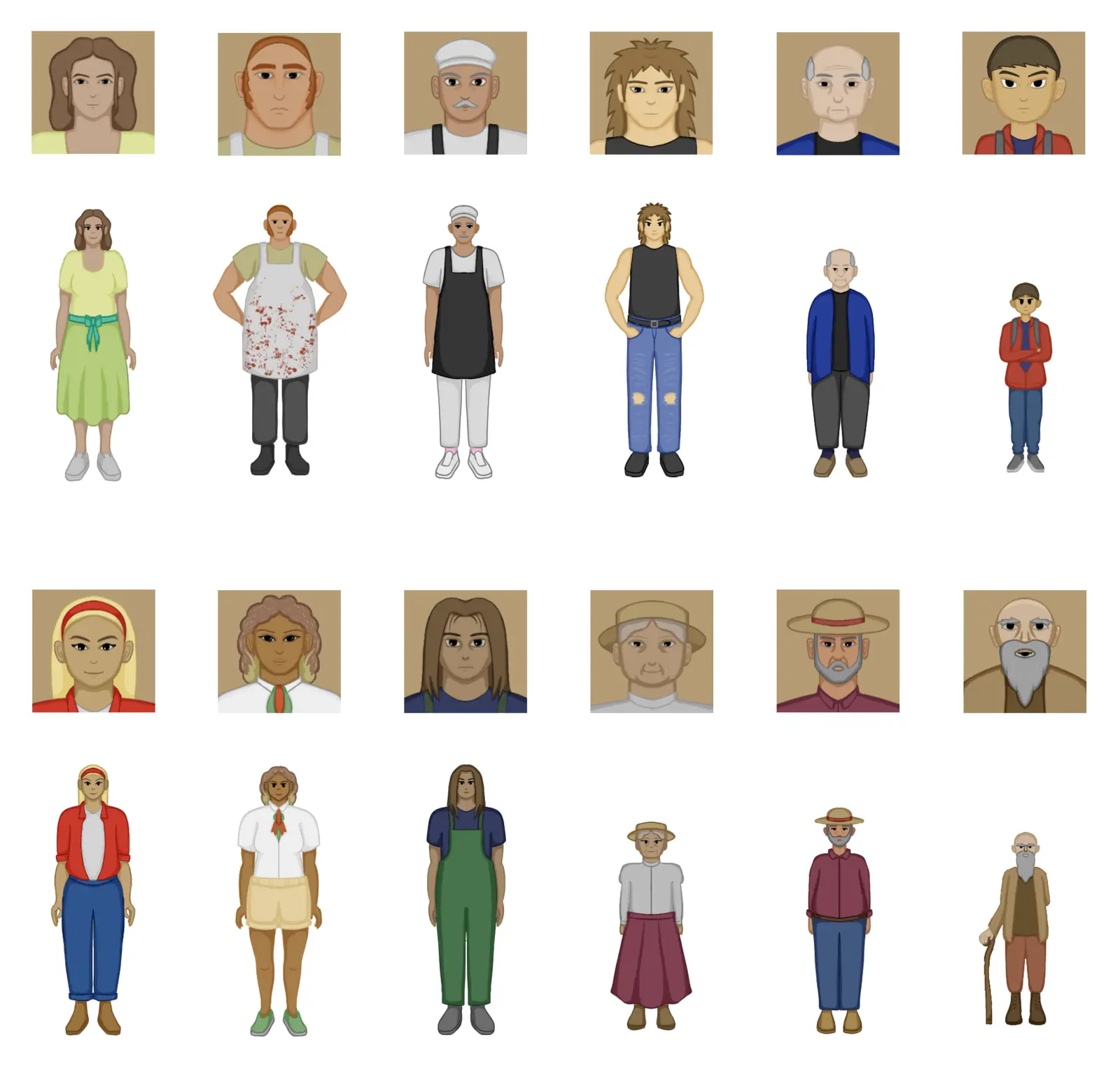 Twelve villager NPCs, each with a portrait headshot above a full-body sprite